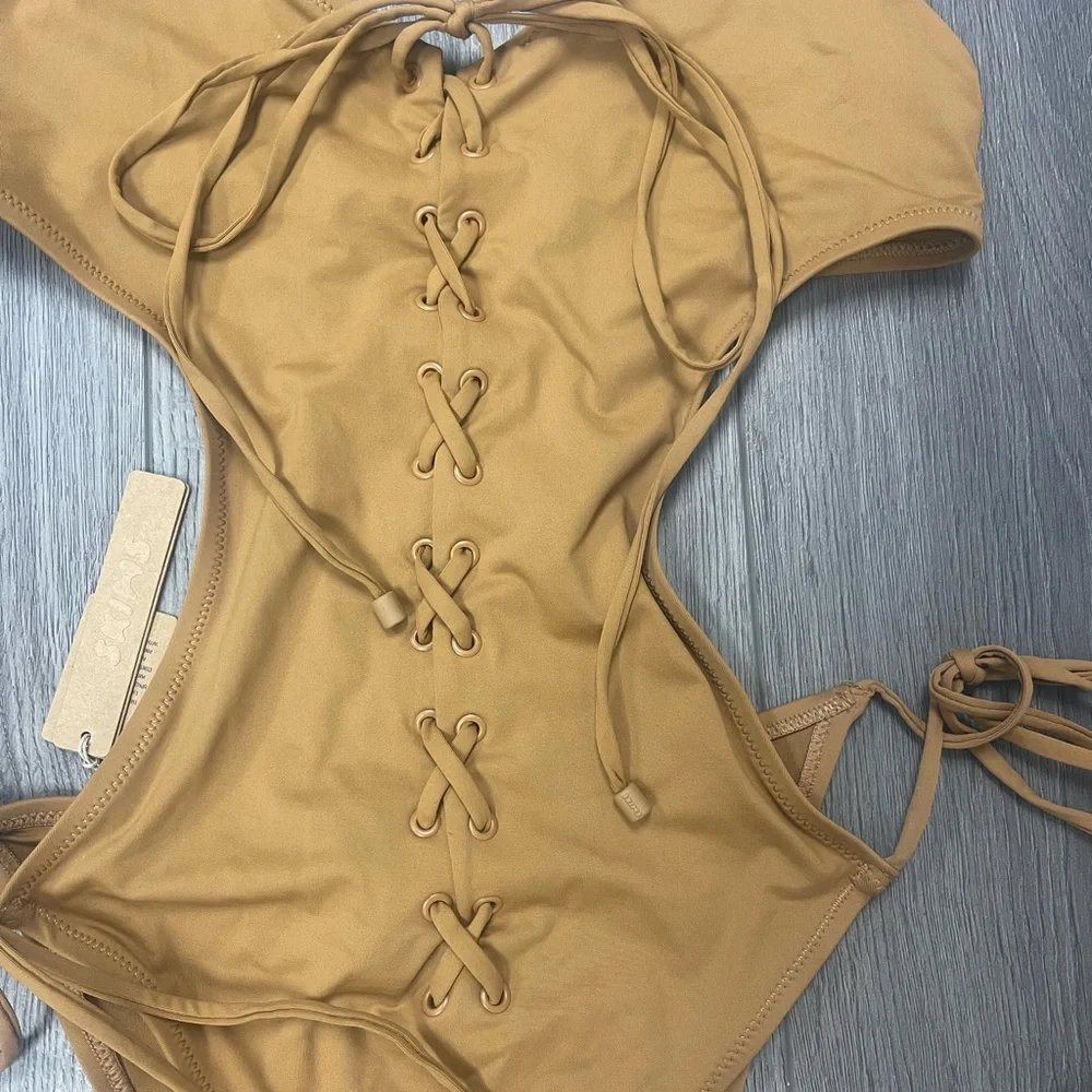 Women’s Tan Lace-Up One-Piece Swimsuit - Halter Tie